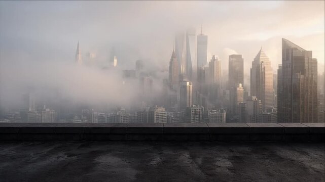 Misty Cinematic Urban Weather Timelapse Background Featuring Modern City Skyline Emerging Through Dense Fog Above Reflective Wet Rooftop With Atmospheric Morning Light and Skyscraper Silhouettes