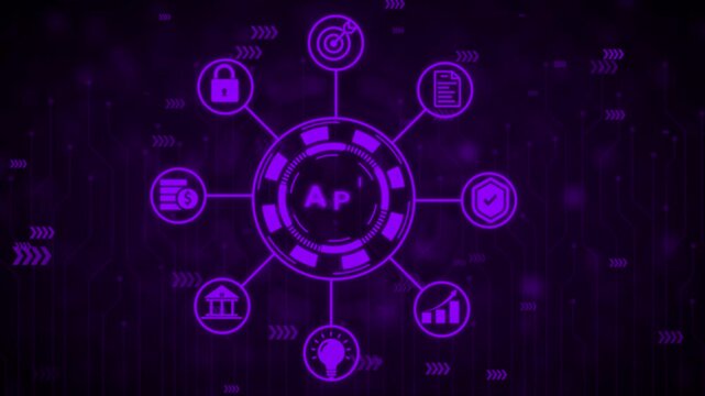 Futuristic digital interface with glowing purple circuit board patterns and central hub displaying target and document against a dark purple background with subtle light effects and repeating arrow