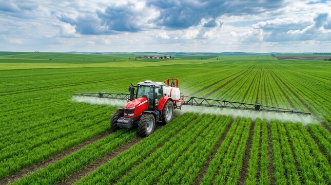 Aerial drone shot of a modern red tractor with a boom sprayer in a vast green agricultural field.
