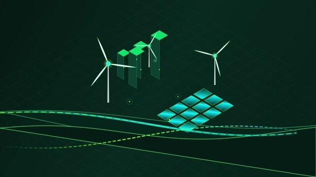 Green energy isometric infographic animation with wind turbines and solar panels