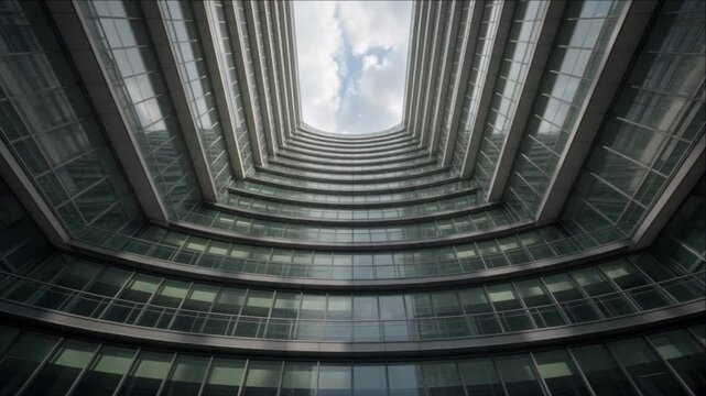 Cinematic Urban Weather Timelapse Background Featuring Modern Glass Atrium Architecture, Layered Building Geometry, Cloudy Sky, Dramatic Vertical Perspective, Symmetry, and Open Sky