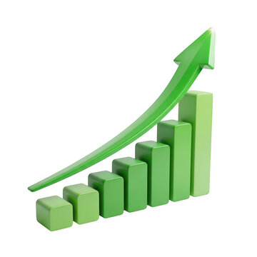 Green bar chart with rising arrow showing business growth and financial success isolated