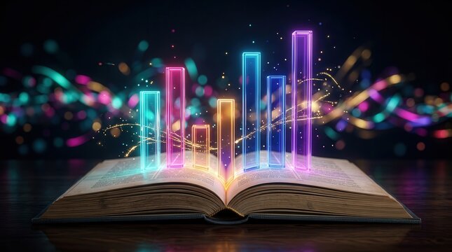 Colorful glowing bar graphs rising from an open book for data visualization concept.