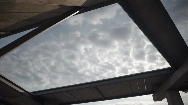 Cinematic Urban Weather Timelapse Background Showing Cloudy Sky Framed by Angular Concrete Architecture, Dramatic Geometric Perspective, Moody Atmosphere, Modern Design Frame
