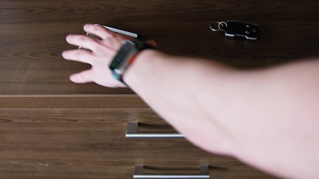 Hand grabbing wallet and car keys from wooden dresser surface.