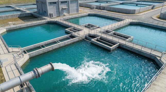 Contemporary water treatment plant featuring large sedimentation basins and purified water reservoirs.