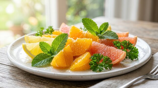 Vibrant citrus slices of lemon, orange, and grapefruit garnished with fresh mint and parsley on a white plate.