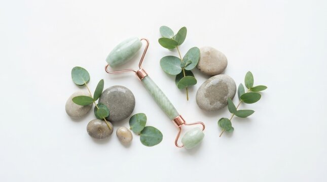 Jade face roller with eucalyptus leaves and zen stones, natural skin care tools for facial massage, organic beauty spa concept isolated on White Background