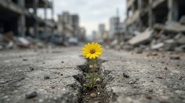 A single yellow flower blooms through a crack in the concrete amidst destroyed city ruins.