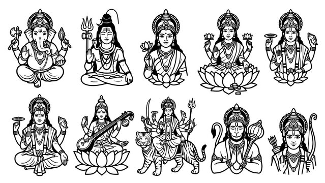 Collection of traditional hindu deities line art illustrations for spiritual and cultural design projects