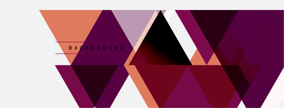 Abstract geometric shapes overlap, creating vibrant color gradients. Design features triangles, rectangles, purple hues, peach tones. Modern aesthetic.