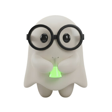 Cute little white ghost character wearing black glasses and holding a glowing green science laboratory flask