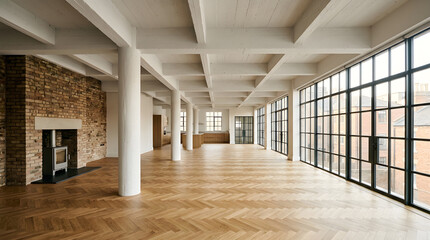 Obraz premium Industrial loft apartment with herringbone flooring | Modern open plan interior with exposed brick wall | Spacious empty penthouse with large factory windows | Luxury real estate interior design