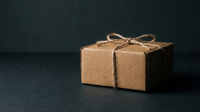 Cardboard gift box tied with rustic twine resting on a dark surface.