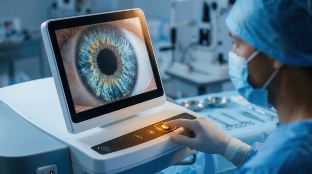 A surgeon uses modern laser machine with an eye display for vision correction.