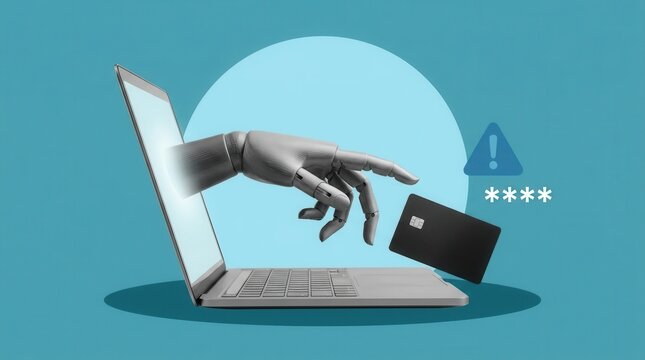 Cybersecurity threat and identity theft concept with laptop and credit card.