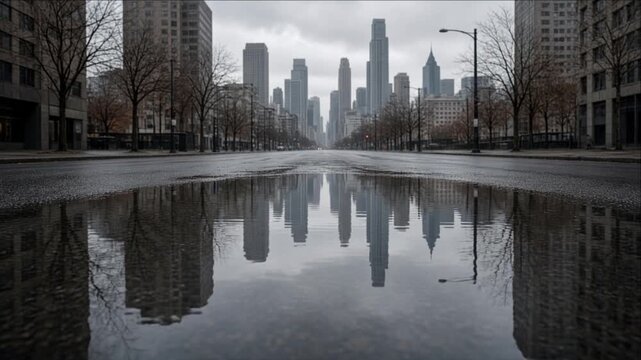 Cinematic urban skyline city street floodwater reflection skyscraper weather timelapse background showing quiet downtown avenue, wet pavement, bare tree, modern tower panorama rainy gray overcast sky