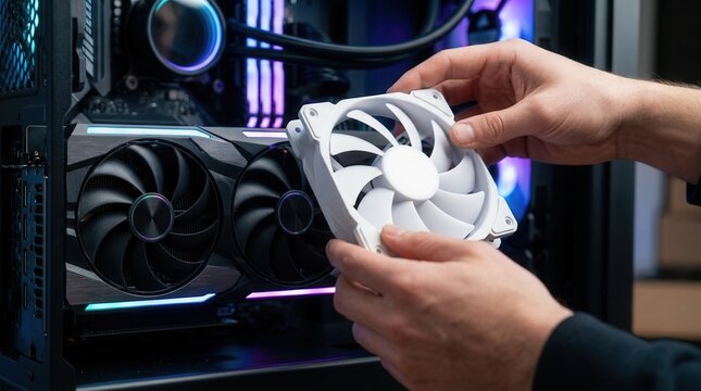 A person installing a new cooling fan inside a desktop computer case with RGB lighting.