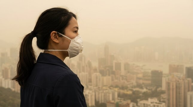Asian woman wearing an N95 mask to protect against bad air pollution and PM2.A young Asian woman uses a protective N95 mask amidst hazardous PM2.5 air quality.