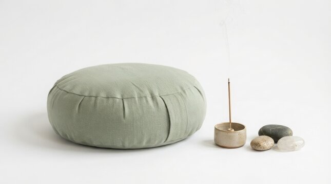 Minimalist sage green meditation cushion, zen yoga zafu with burning incense stick and smooth river stones, wellness spa setup isolated on White Background