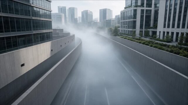 Cinematic urban weather timelapse background showing misty empty road between modern glass buildings, dramatic architecture, soft gray atmosphere, atmospheric city depth and distant skyscrapers