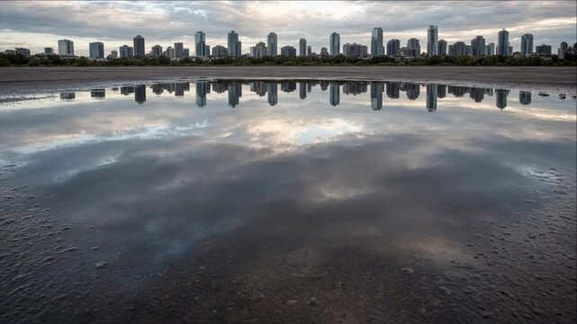 Cinematic Urban City Skyline Reflection Across Tidal Flat Waterfront Under Dramatic Cloud Weather Timelapse Background Creating Moody Coastal Atmosphere with Atmospheric Water Reflections