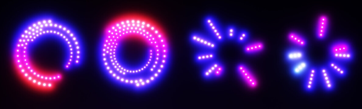 Dot radial ripple patterns with glowing neon concentric rings and dotted lines. Futuristic HUD equalizer loading circles and speed dial elements on black bg. Sci-fi technology design. 3D illustration