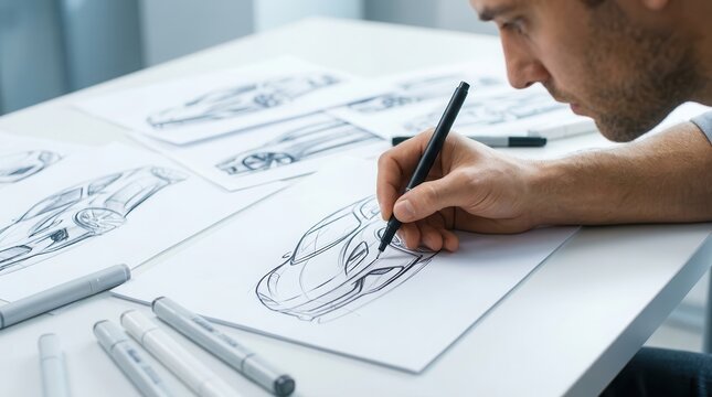 Automotive design engineer sketching concept car prototype drawings on white paper.