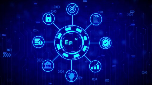 Futuristic digital interface with glowing cyan circuit board patterns and central hub displaying target and document against a dark blue background with subtle light effects and repeating arrow motifs