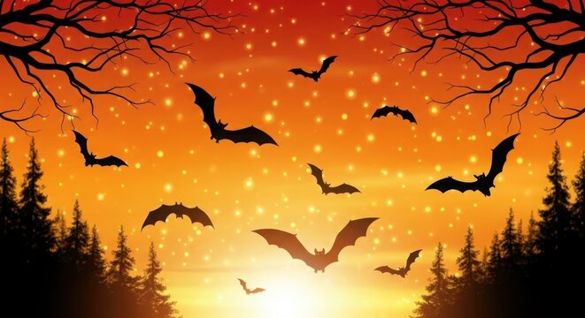 Silhouette of bats flying over a spooky forest at sunset with glowing golden fireflies in the orange sky for Halloween