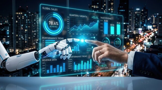 AI analyzing sales data dashboard to visualize performance metrics and trends.