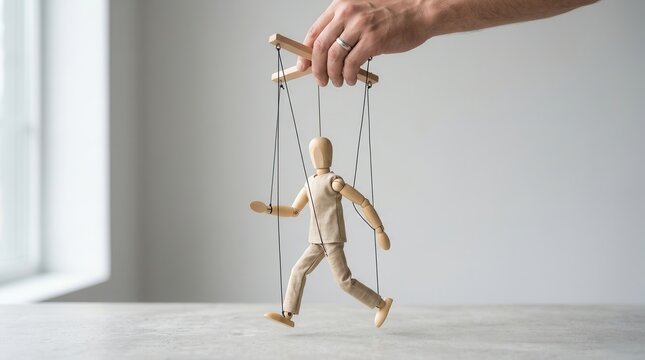 A human hand controlling a wooden marionette puppet with strings.