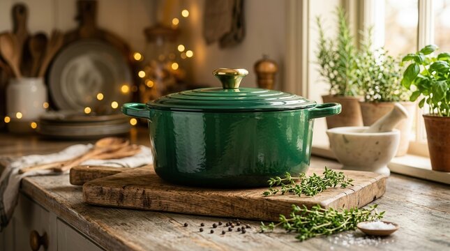 Emerald green enamel pot with a gold knob on a rustic wooden kitchen counter.