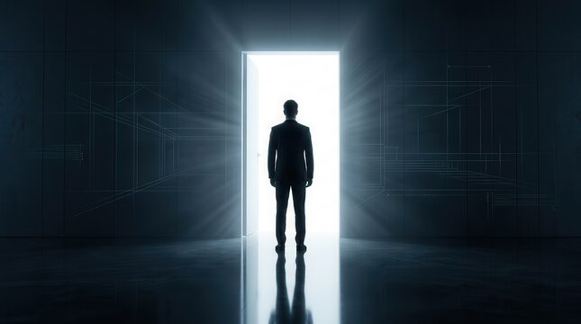 A man standing before an open glowing doorway symbolizing freedom and escape.