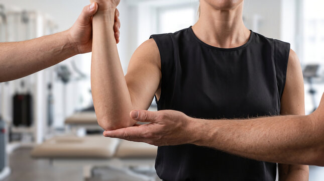 Close up of faceless therapist hands examining elbow joint of female patient in physical therapy clinic