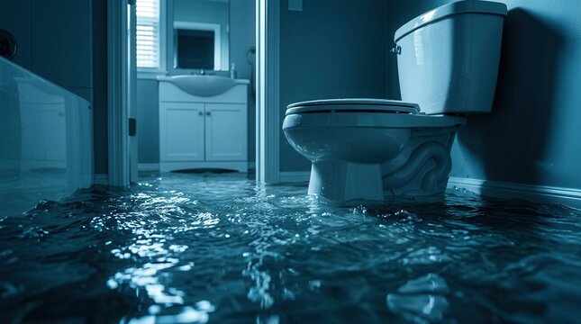 Flooded bathroom with toilet and sink showing severe water damage and plumbing failure.