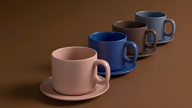 Modern Ceramic Coffee Cups with Saucers on Brown Background Stock Photo
