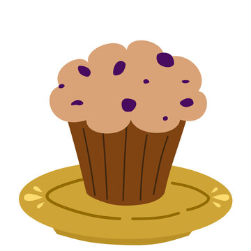 A delicious chocolate muffin with creamy frosting and purple berry toppings sits on a golden plate, creating a cozy, sweet, colorful dessert scene that feels warm and inviting and delightful.