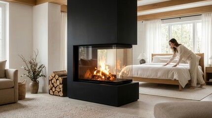 Naklejka premium Modern dual-sided fireplace warming a cozy bedroom with neutral tones and natural light.