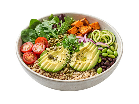 Healthy quinoa bowl with avocado, sweet potato, edamame, zucchini noodles, fresh vegetables and seeds. Colorful vegan meal with greens, tomatoes, and beans on white background. Clean eating.