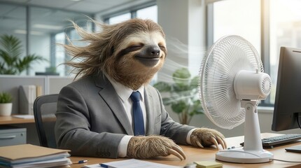 Naklejka premium Funny anthropomorphic sloth in a business suit cooling off with a white desk fan.