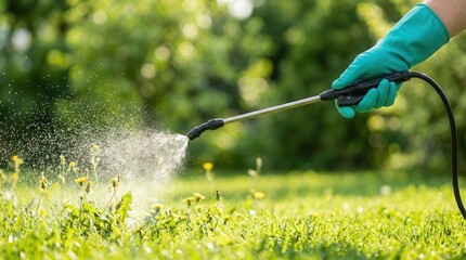 Obraz premium A gardener using a handheld sprayer to treat weeds in a green lawn.