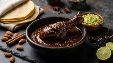Fototapeta premium Authentic artisan spicy chicken mole poblano served in a dark design bowl with avocado guacamole and fresh tortillas.