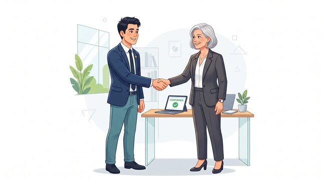 Business man and woman shaking hands in a modern office for a deal or partnership agreement