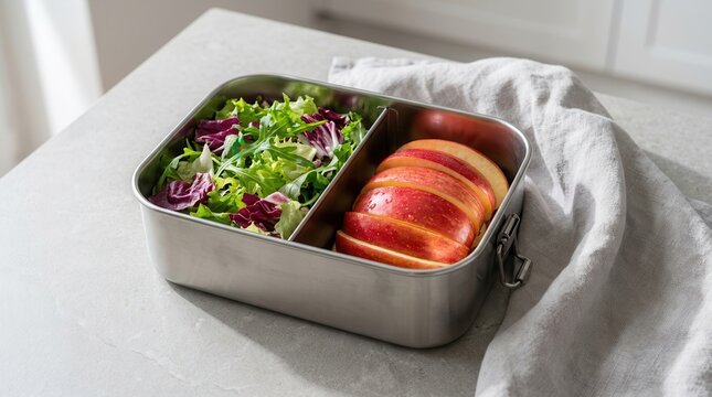Healthy organic meal with red apple slices and fresh green leaves in a steel lunch box.