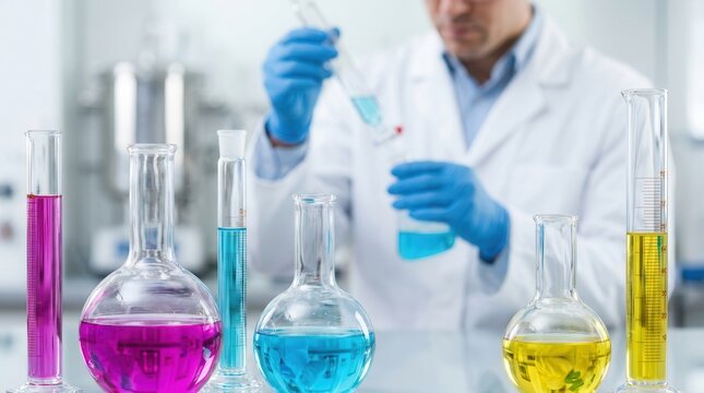 Scientist in blue gloves working with colorful chemical solutions in glass flasks and cylinders.