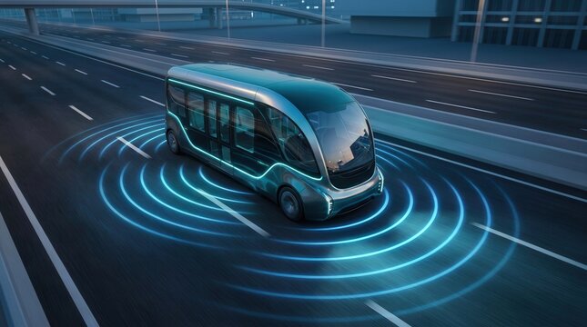 Futuristic autonomous bus with glowing sensor rings driving on a modern road.