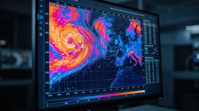 Scientists analyze climate systems and weather trends through digital data visualization.