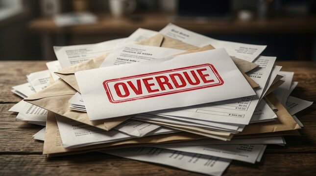 A messy pile of bills and documents with a red overdue stamp indicating financial trouble.