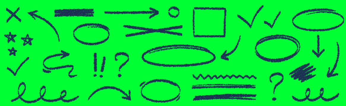 Doodle arrows question marks checkmarks and highlight circles set on green background for note taking and UI layouts.
